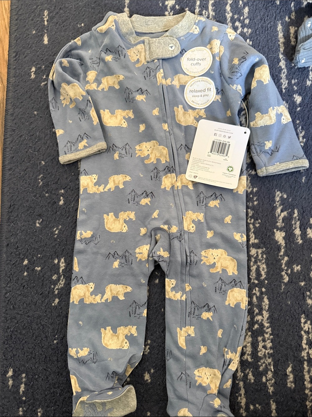 Blue Bear-Print Footed One-Piece for Kids with Fold-Over Cuffs